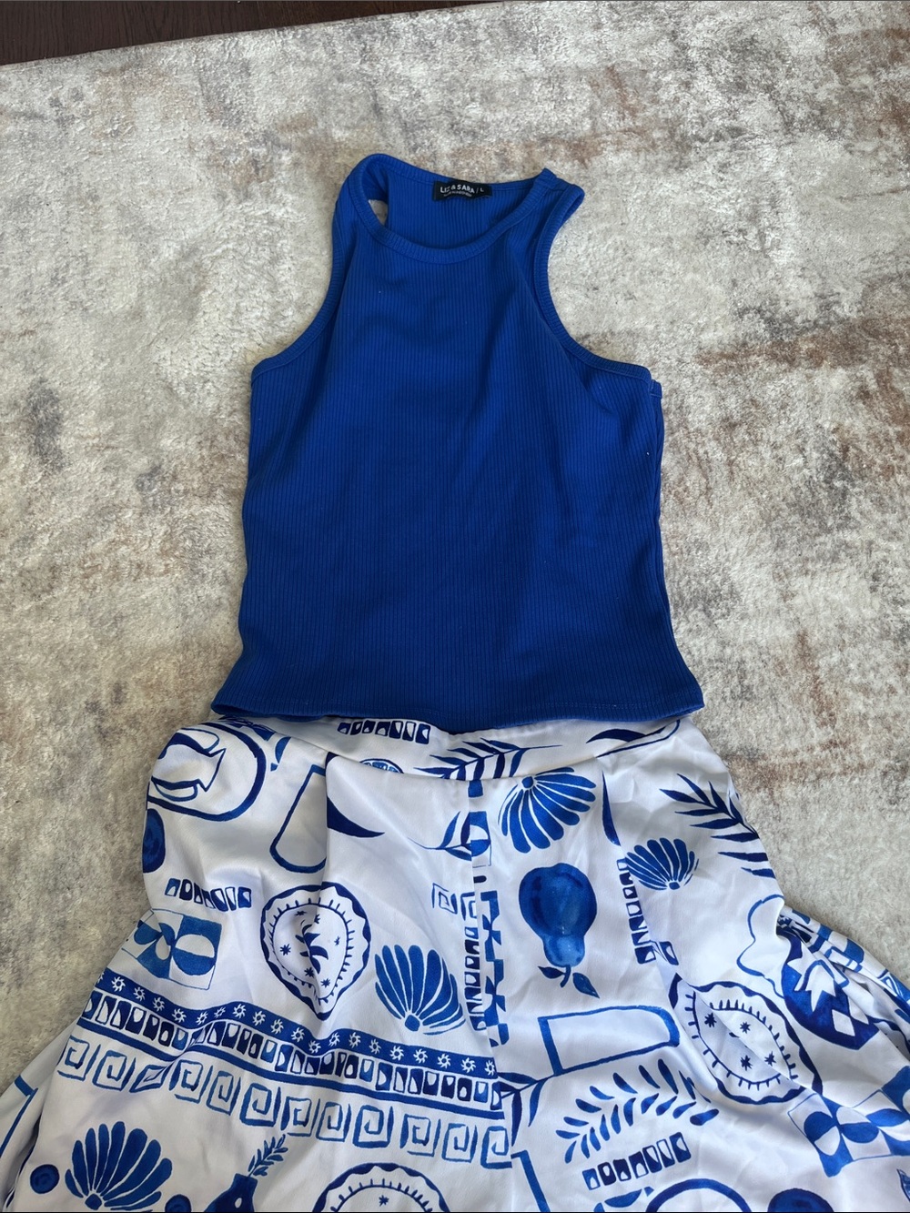Royal Blue Ribbed Tank with Blue & White Patterned Wide-Leg Pants 💖